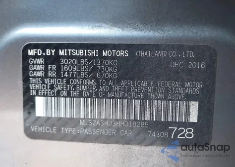 2017 Mitsubishi Mirage Es from USA, damaged, VIN ML32A3HJ3HH018285